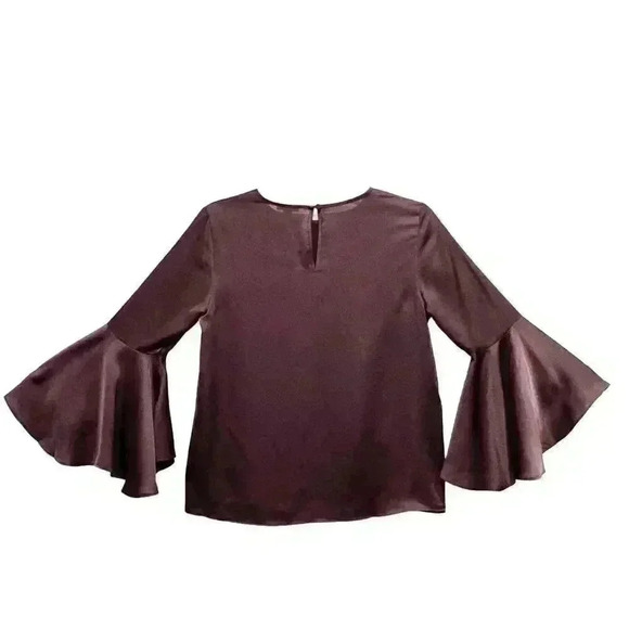 Ann Taylor Women's Burgundy Vino Polyester Charmeuse Bell Sleeve Top NEW - Picture 2 of 10